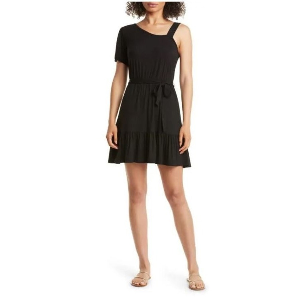 Loveappella Women's One-Shoulder Ruffle Hem Knit Mini Dress in Black XLarge